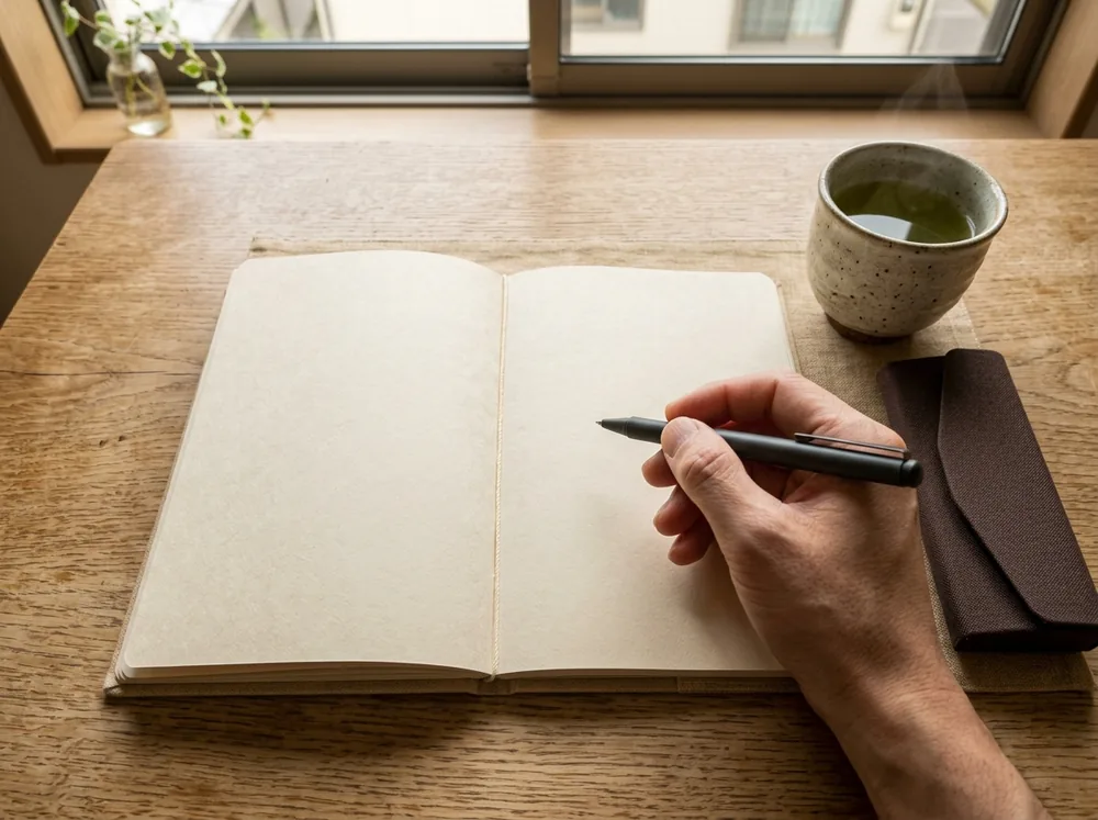 紙の手帳を開き、次のクリーニングの時期を考えながらペンを持つ手元