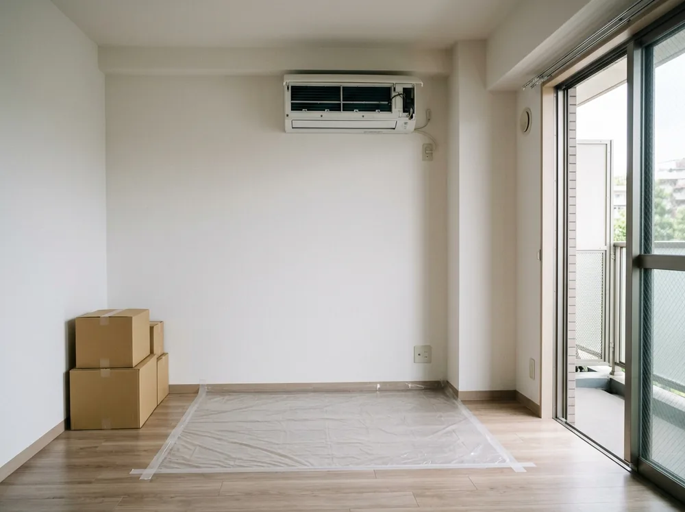 賃貸マンションの洋室で、壁掛けエアコンの前面パネルを開け、下の床を透明なシートで覆った様子
