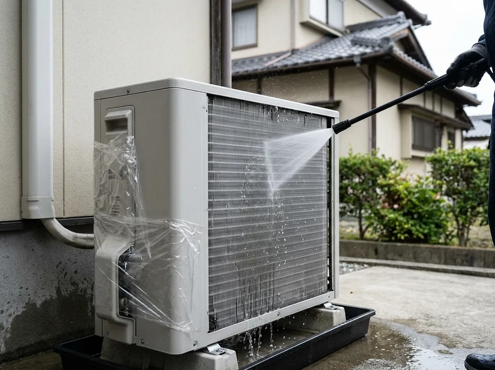 室外機の背面のアルミフィンに、手袋をした手で洗浄機の水を当てて汚れを流している様子