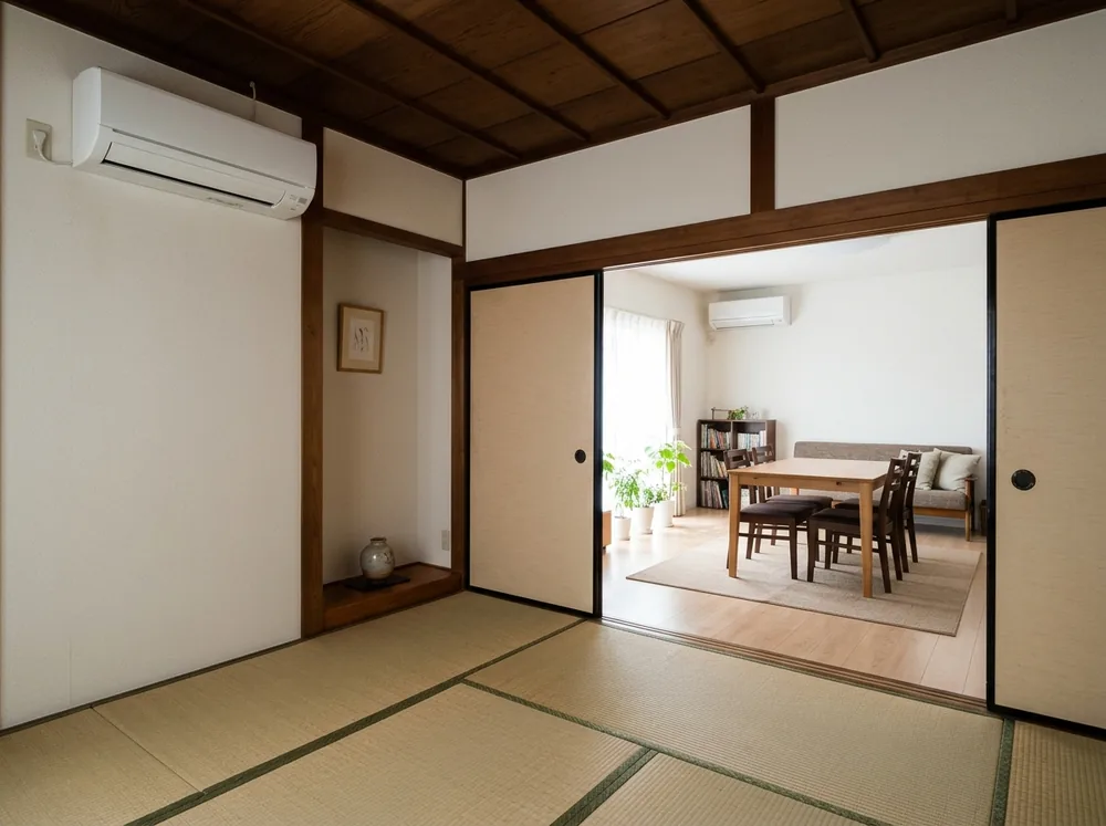 開いたふすま越しに見える和室とリビング。それぞれの壁に白い壁掛けエアコンが付いている室内