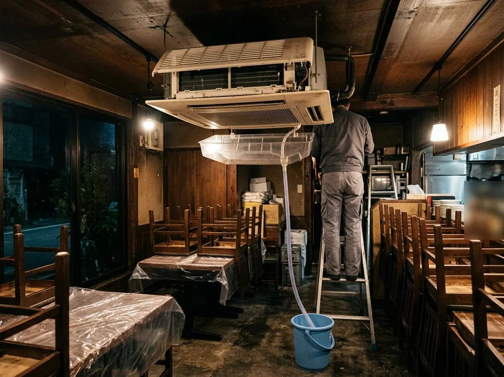 閉店後の飲食店で、天吊り形の業務用エアコンの前面を開け、下に排水カバーとバケツを付けている様子