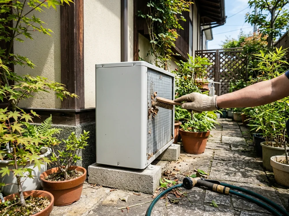 家の脇の室外機の裏側のフィンに付いた落ち葉とほこりを、手袋をした手で払い落としているところ