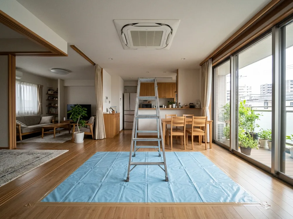 天井埋め込みエアコンの真下の家具を寄せ、床を保護シートで覆ったリビング