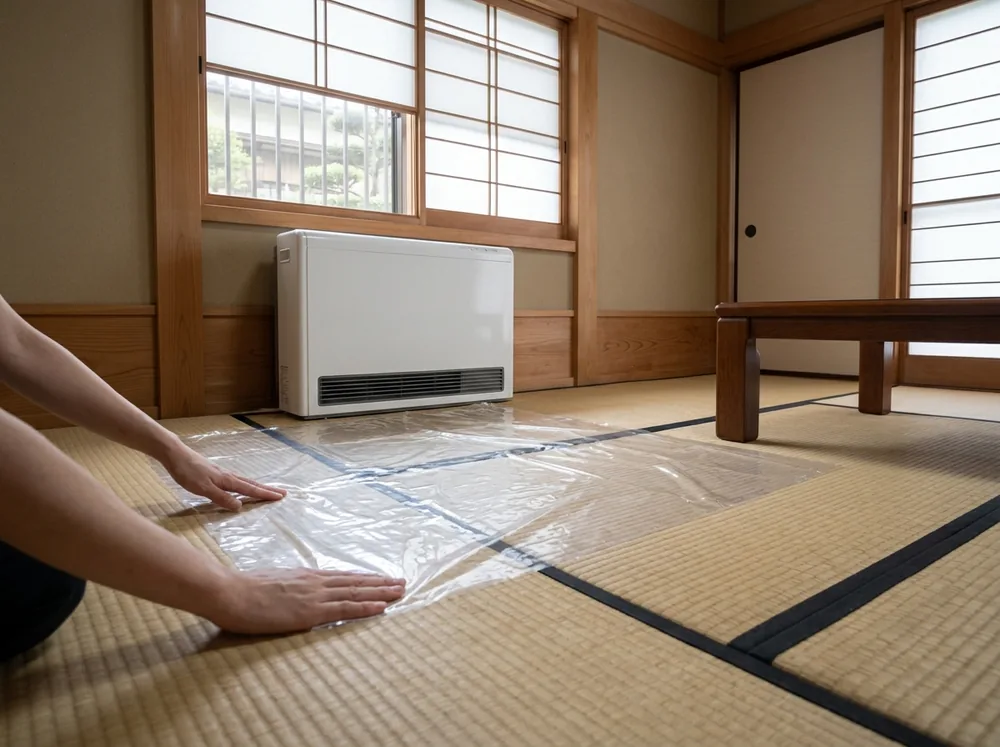 和室の窓の下に置かれた白い床置き形エアコンの前に、透明な保護シートを広げている手元